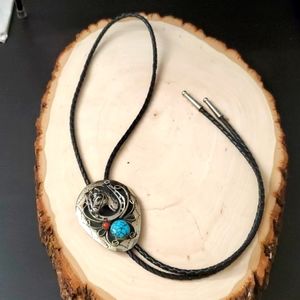 Native American Style Horse Silver Bolo Tie Turquoise Coral Horseshoe Necklace